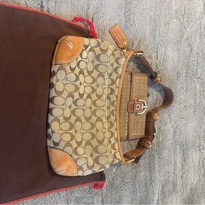 Coach Brown Signature Canvas Shoulder Bag with Tan Leather Trim